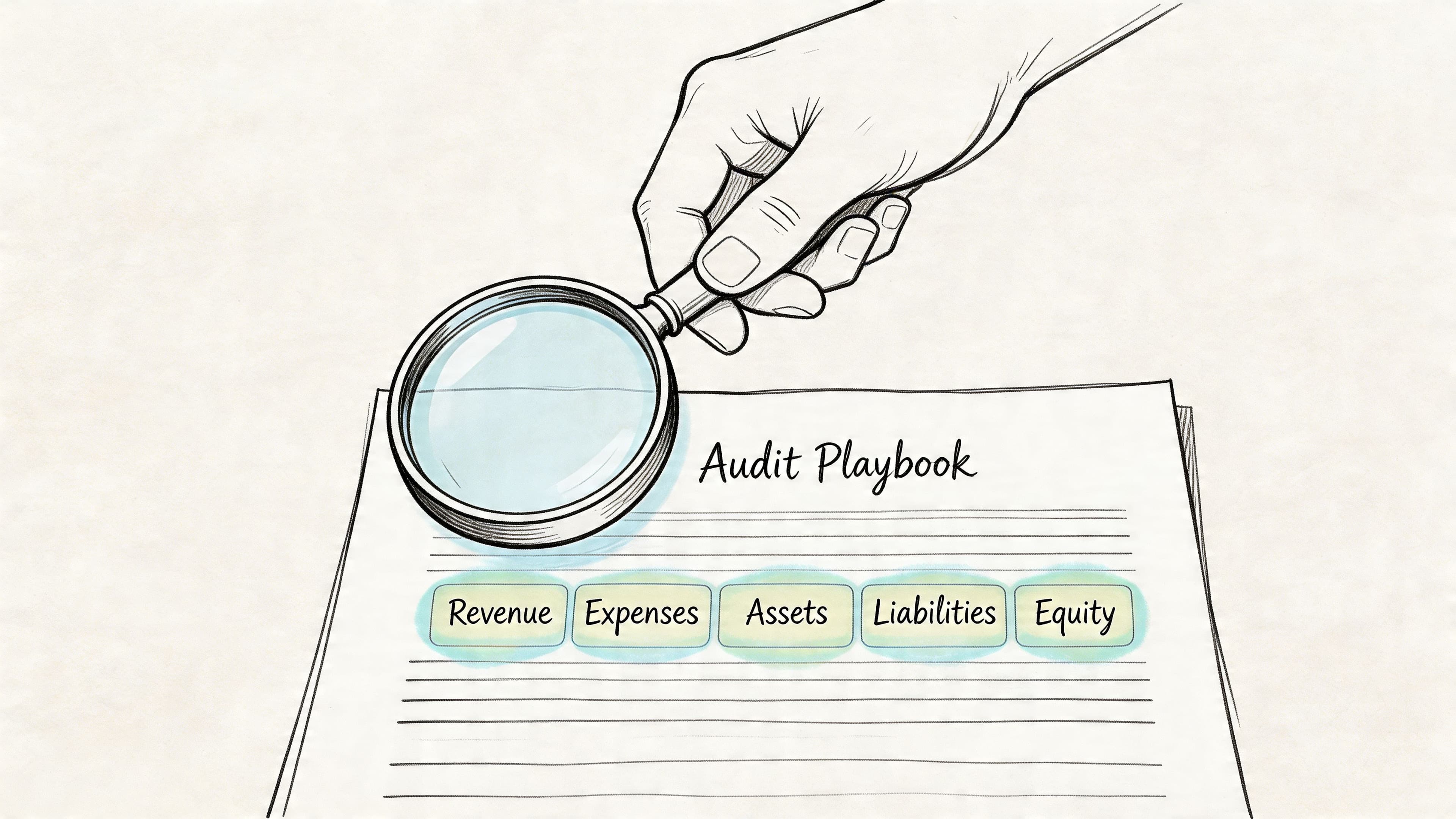 A hand holding a magnifying glass over a document titled Audit Playbook, highlighting accounting financial terms.