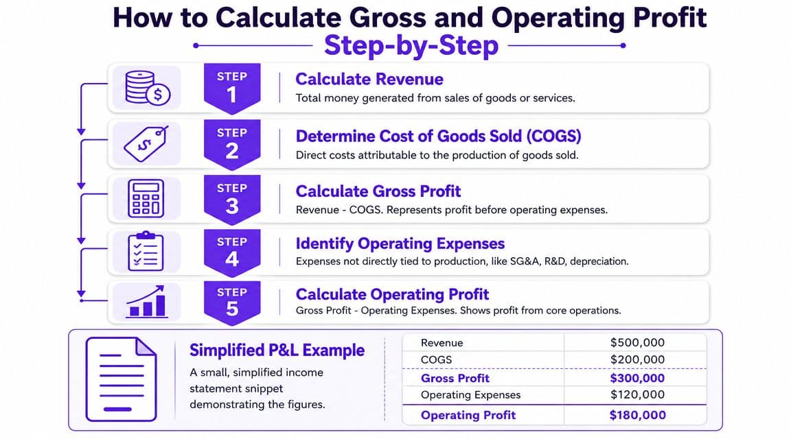 A step-by-step infographic showing how to calculate gross profit and operating profit with a P&L example.