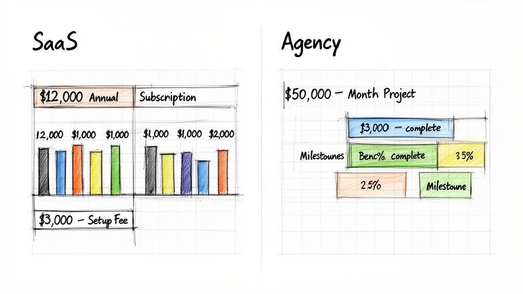 Two diagrams illustrating revenue models for SaaS and Agency businesses, detailing annual subscriptions, setup fees, and project milestones.