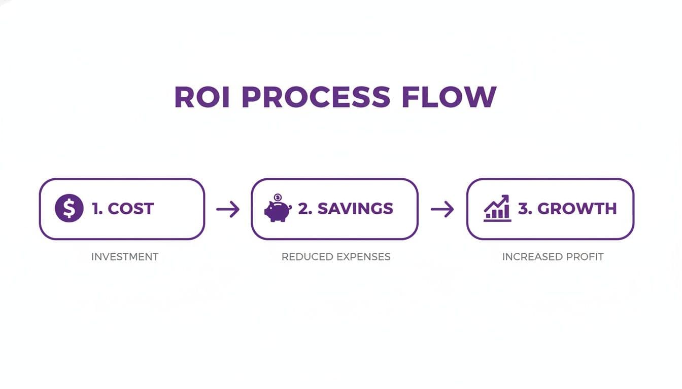An ROI process flow diagram showing cost, savings, and growth with icons and descriptions.