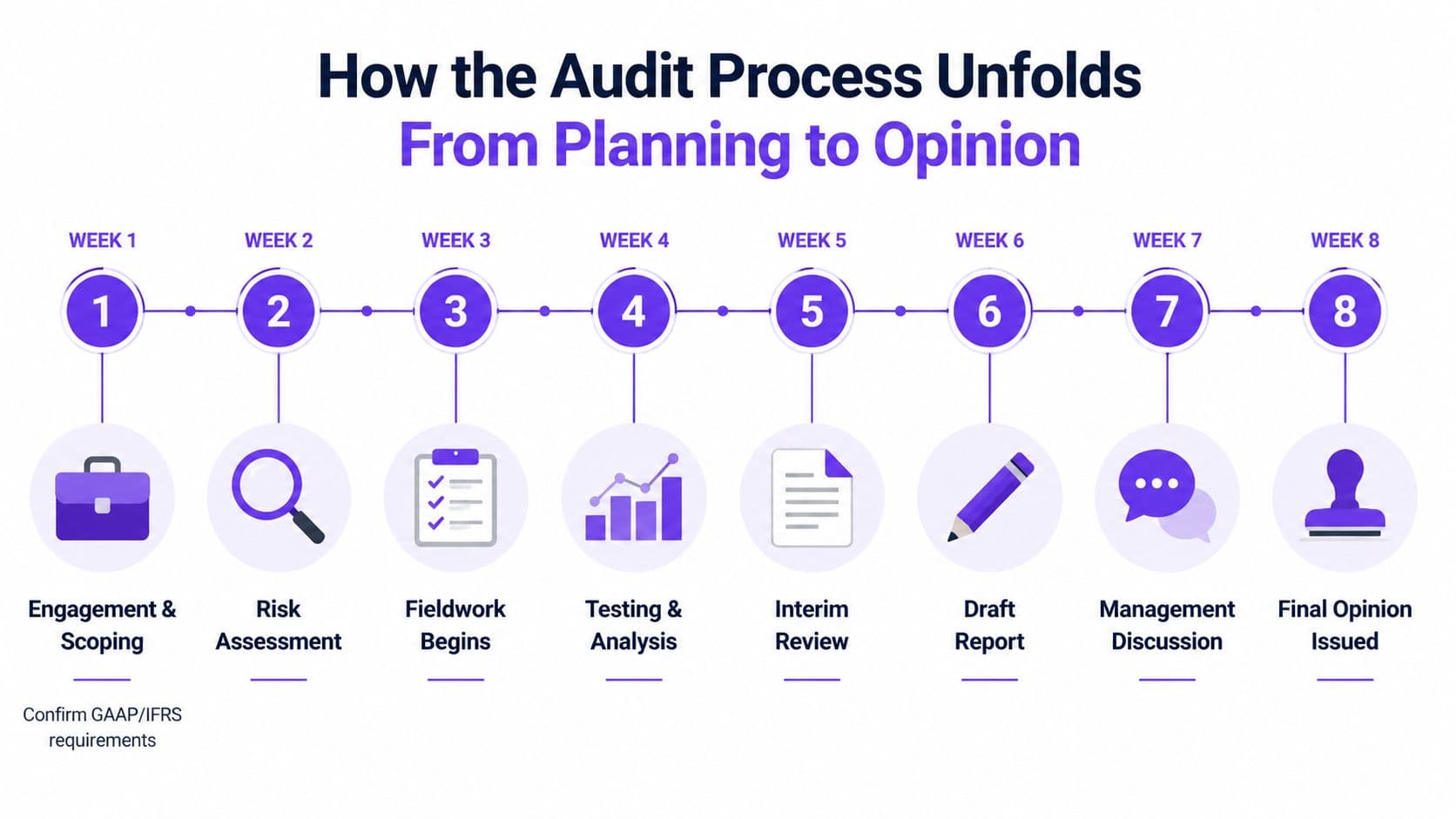 An 8-week timeline infographic illustrating the step-by-step financial audit process from planning to final opinion.