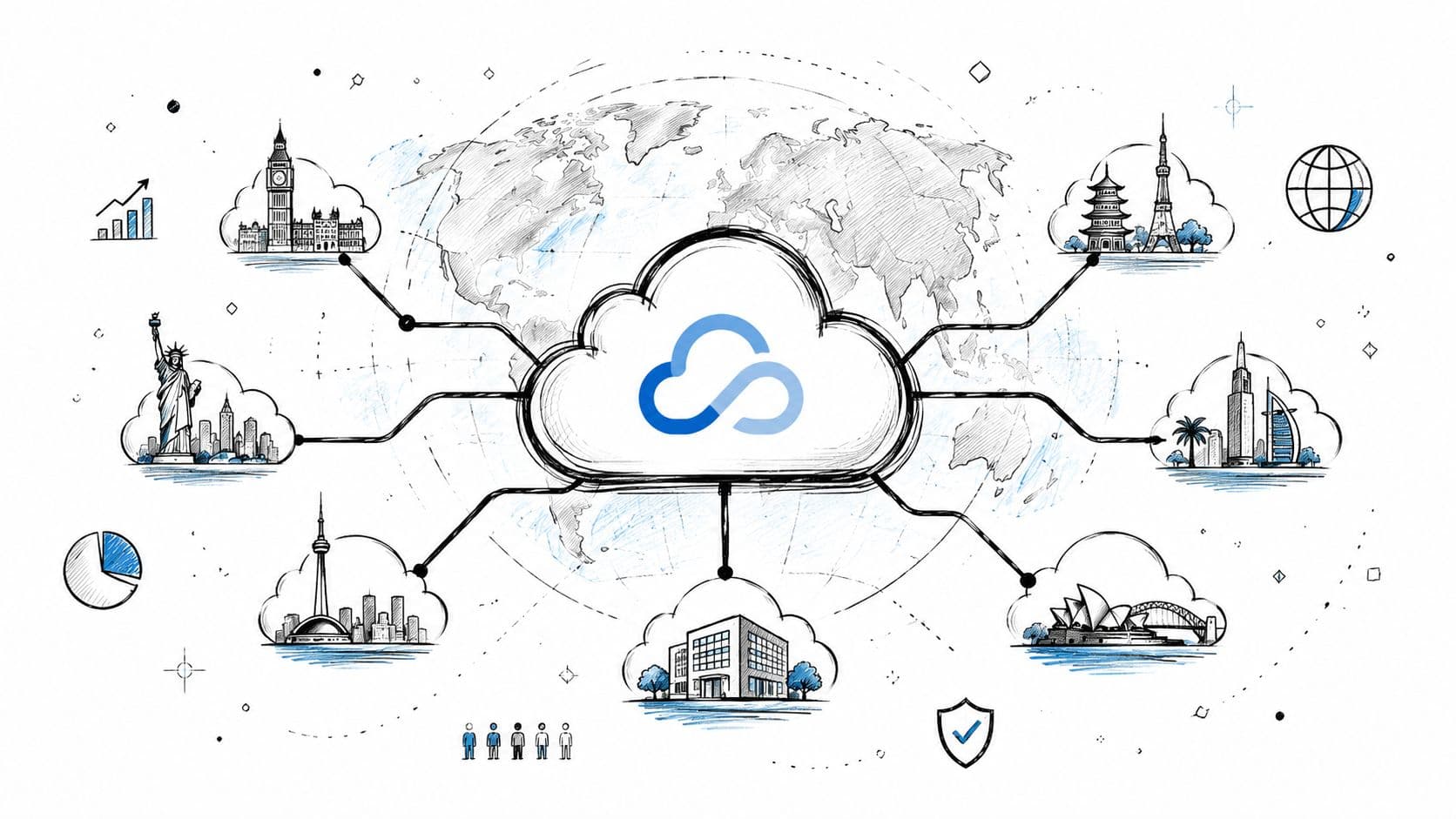 A digital illustration of a central cloud platform connecting various global city landmarks and office buildings.