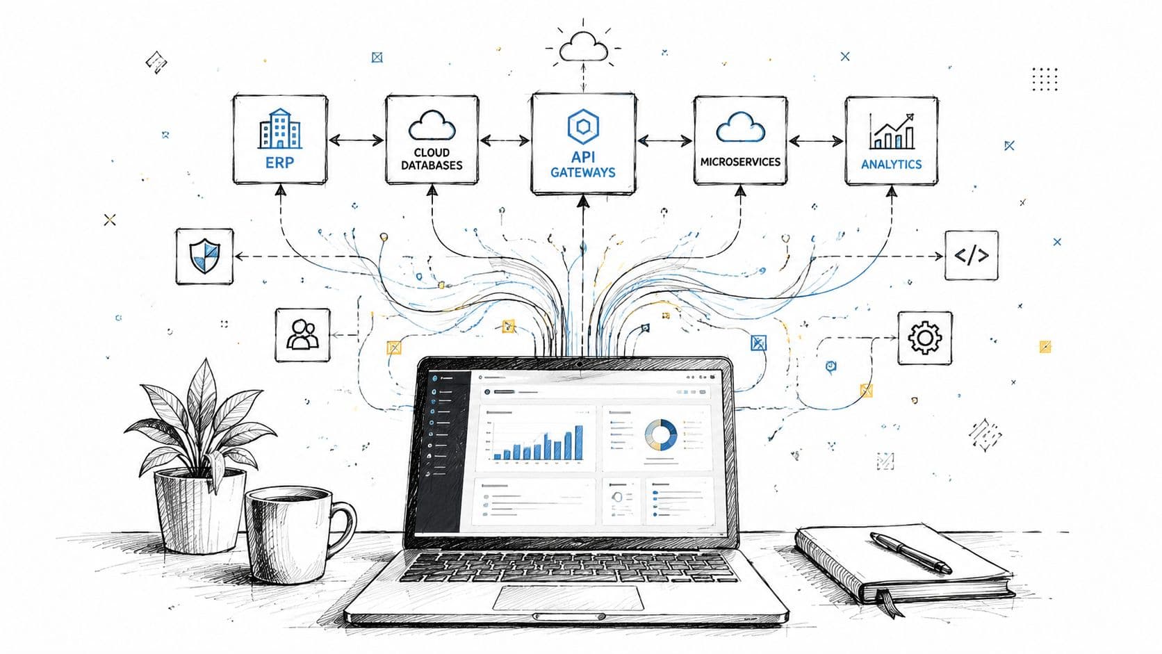 A hand-drawn illustration showing a laptop connected to various cloud services, data, and business digital systems.