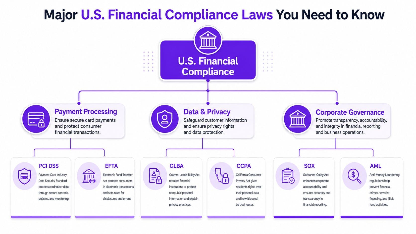 A flow chart outlining major U.S. financial compliance laws including payment processing, data privacy, and corporate governance regulations.