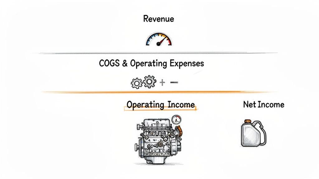 A financial diagram illustrating the calculation of operating income and net income from revenue and expenses.