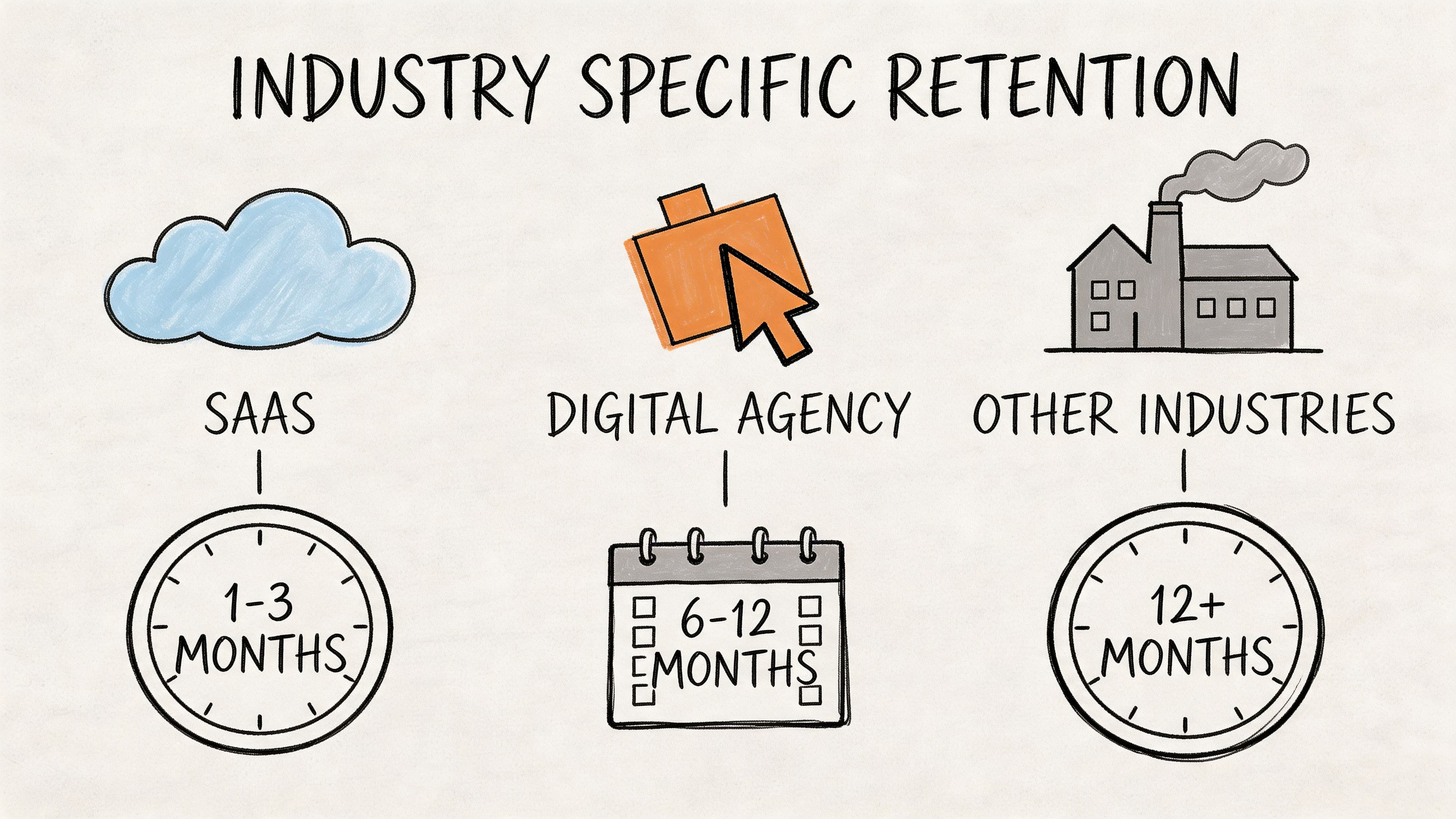 A hand-drawn graphic illustrating varying customer retention timeframes for SaaS, digital agencies, and other industries.