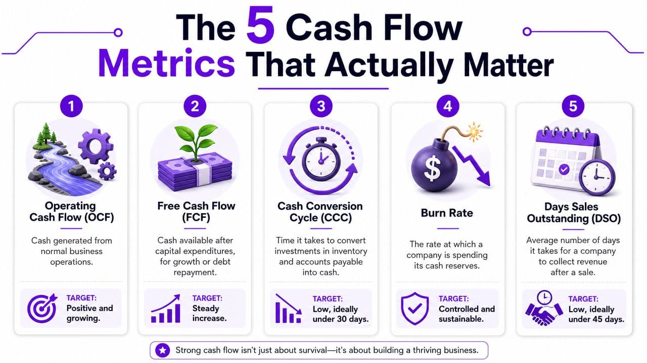 An infographic detailing five key cash flow metrics including operating cash flow, free cash flow, and burn rate.