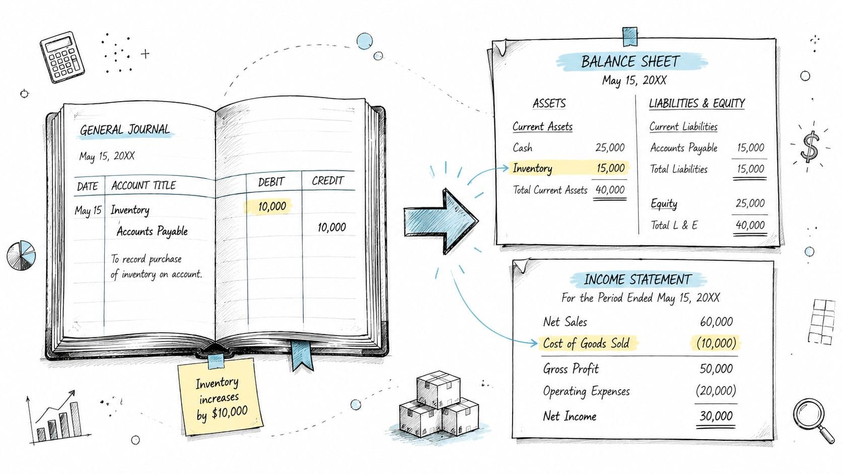An educational illustration showing a journal entry for inventory purchase and how it impacts the balance sheet.