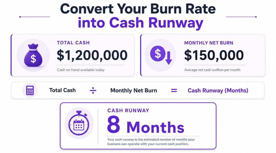An infographic showing the formula to calculate business cash runway using total cash and monthly burn rate.