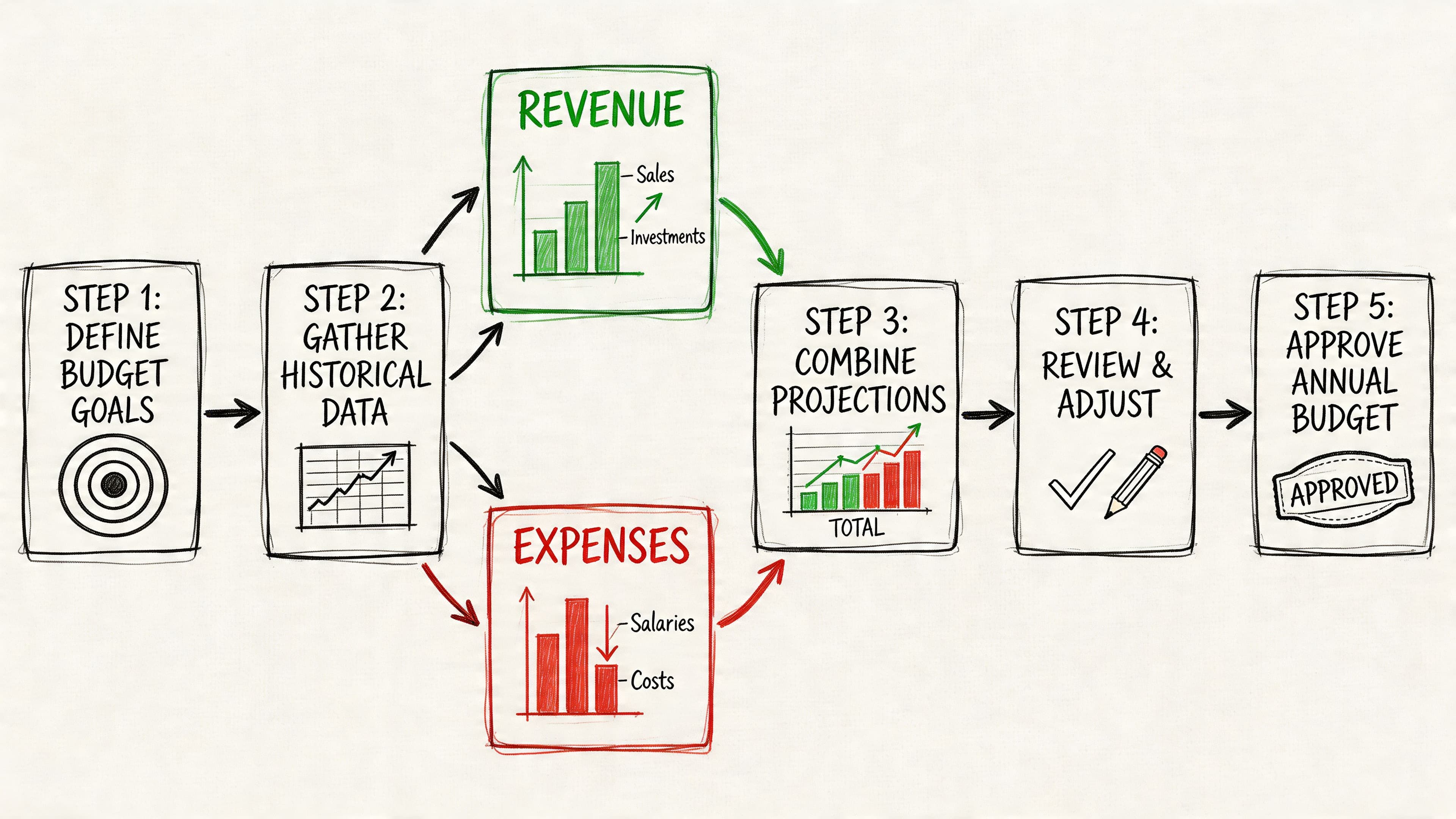 A diagram illustrating the five-step annual budget planning process for nonprofit organizations from goals to approval.