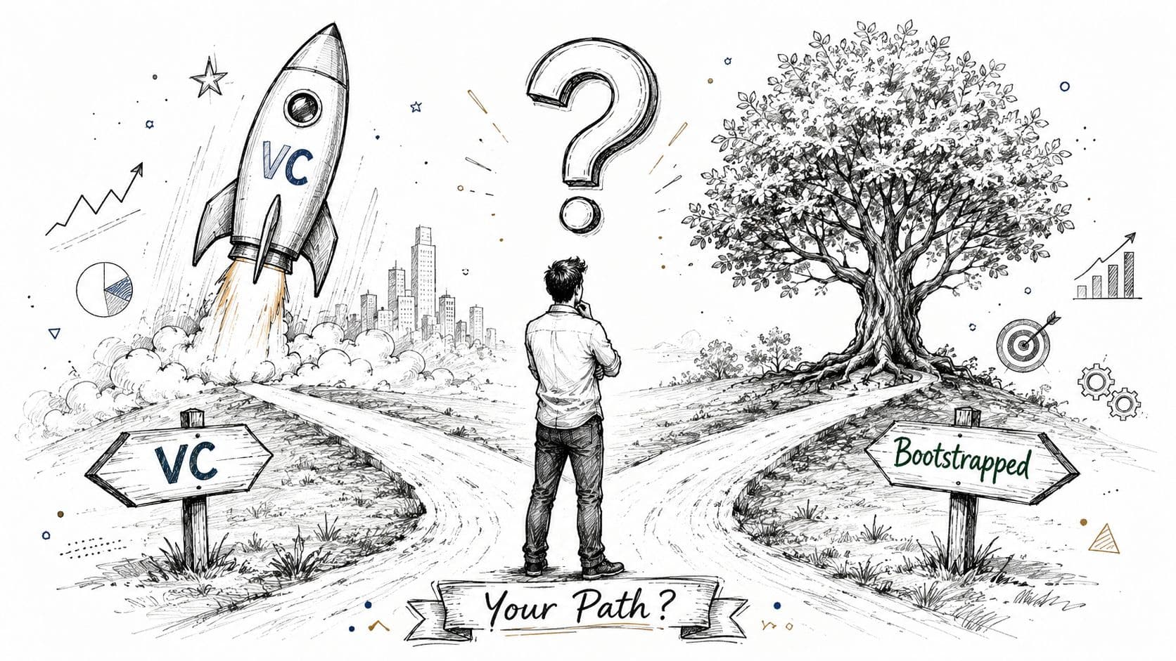 A person standing at a crossroads choosing between a venture capital rocket path or a bootstrapped tree.