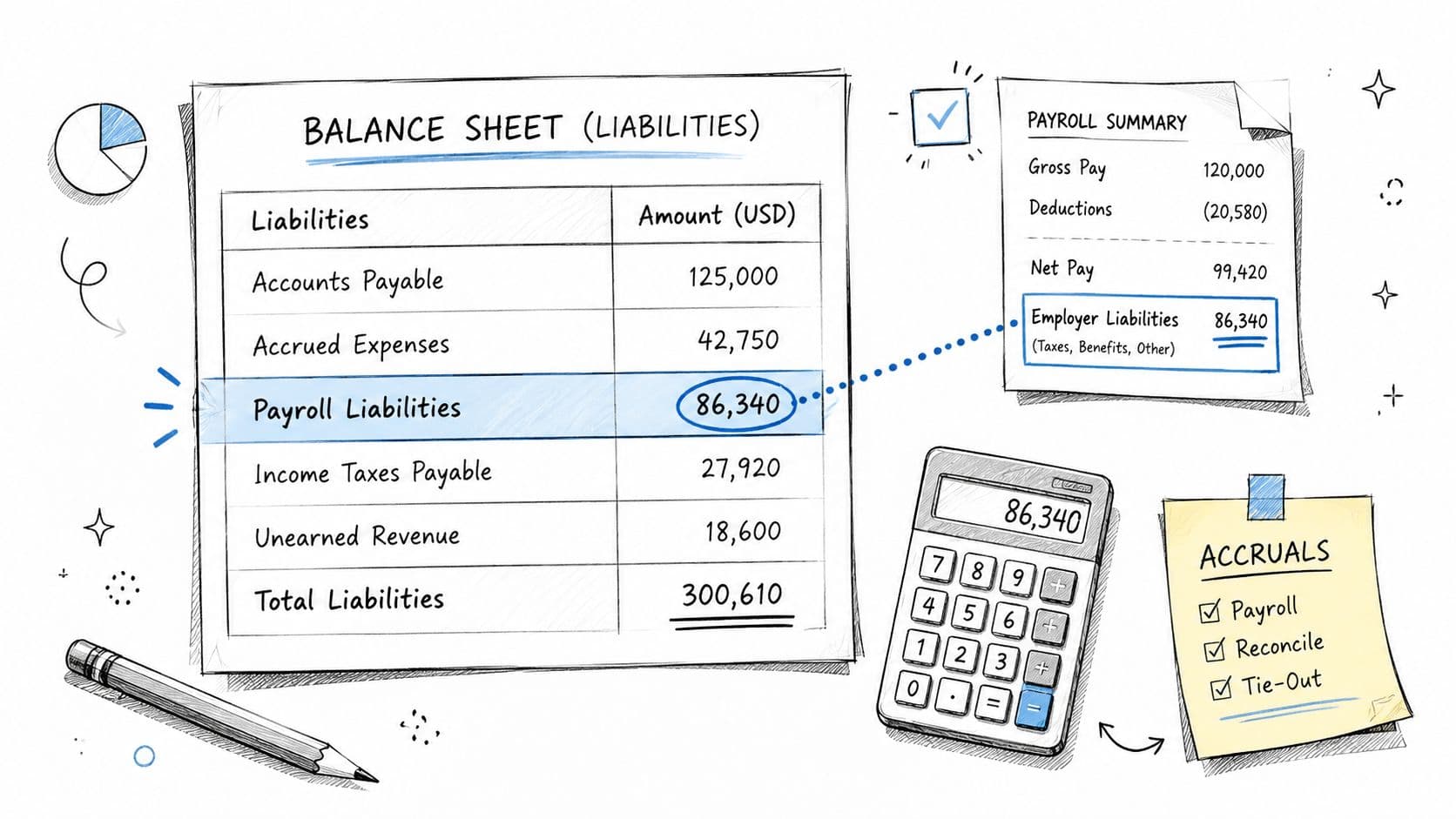 An illustration showing a balance sheet with payroll liabilities, a payroll summary report, and an accruals checklist.