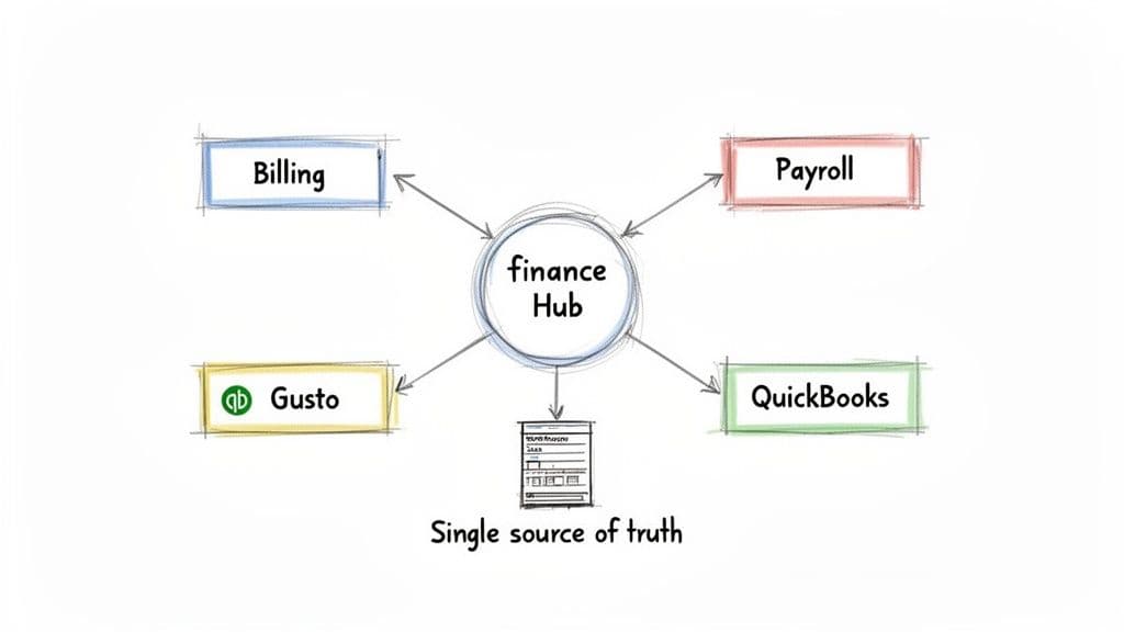 A diagram illustrates a finance hub integrating billing, payroll, Gusto, and QuickBooks into a single source of truth.