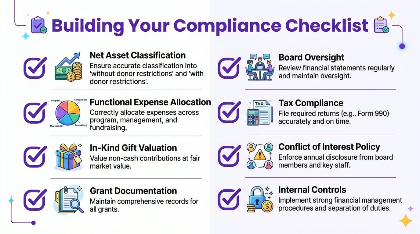 An infographic titled Building Your Compliance Checklist outlining essential financial management steps for nonprofit organizations.