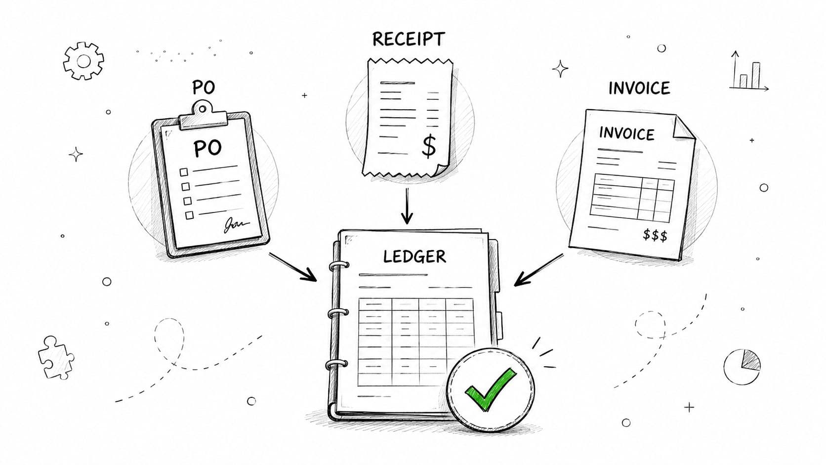 A hand-drawn illustration showing purchase orders, receipts, and invoices being integrated into a central accounting ledger.