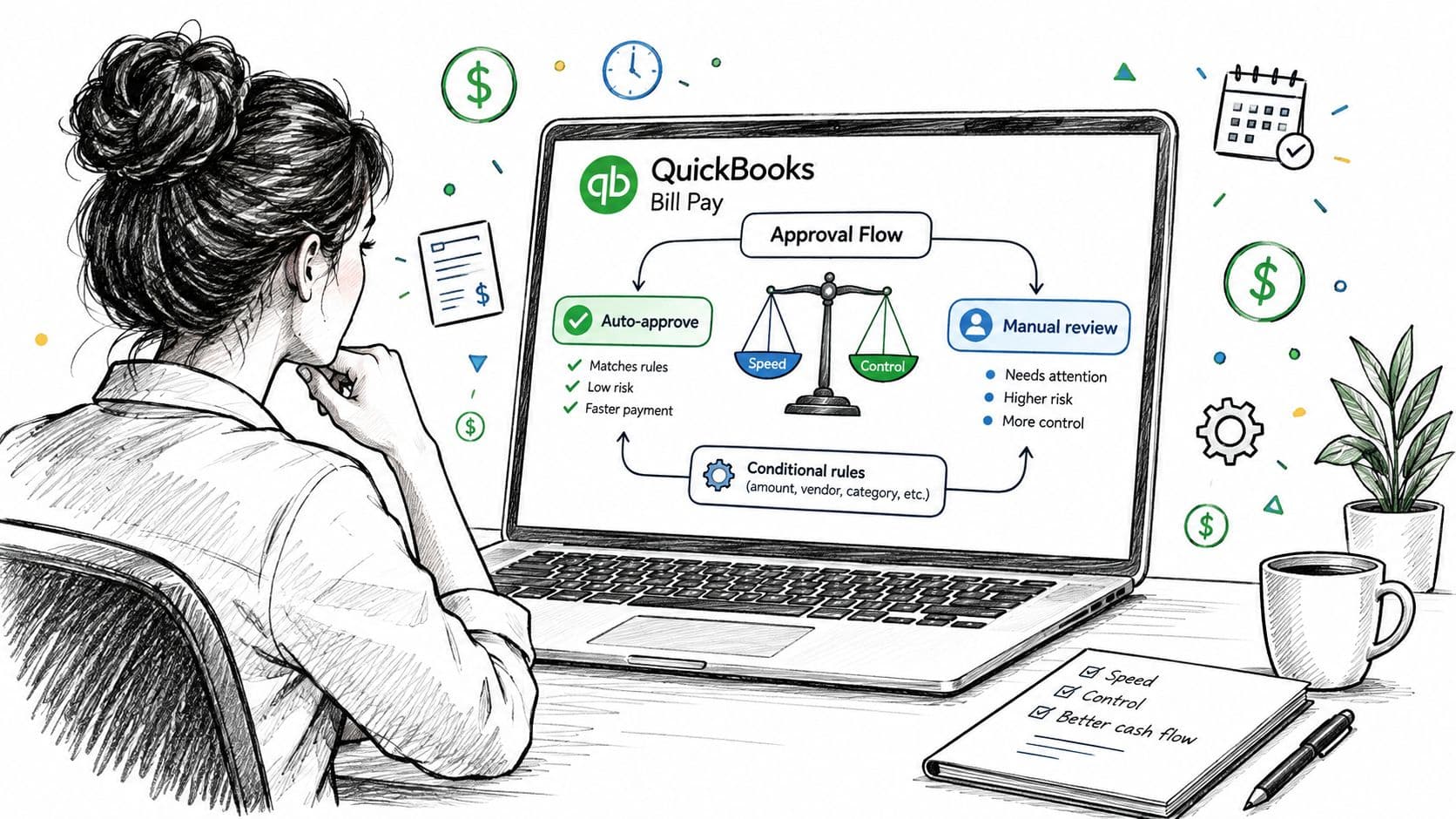 A professional illustration of a woman reviewing a QuickBooks automated bill payment flow on her laptop screen.