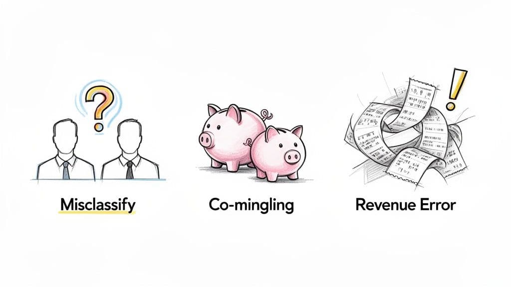 Illustrations of financial mistakes: misclassification, co-mingling funds with piggy banks, and revenue errors shown as crumpled receipts.