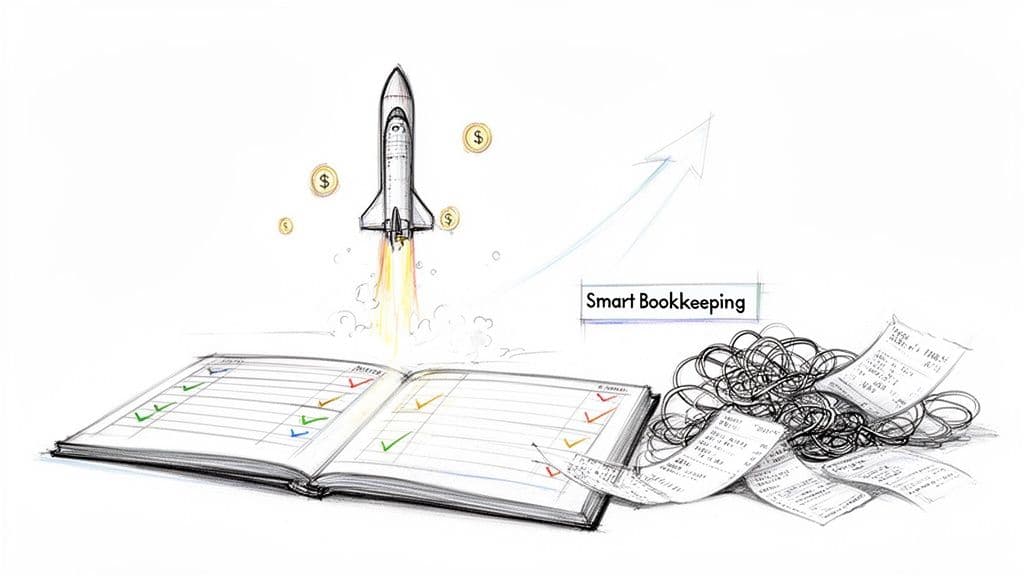 Illustration showing a ledger book, a launching rocket with dollar signs, and a pile of messy receipts, symbolizing smart bookkeeping leading to growth.