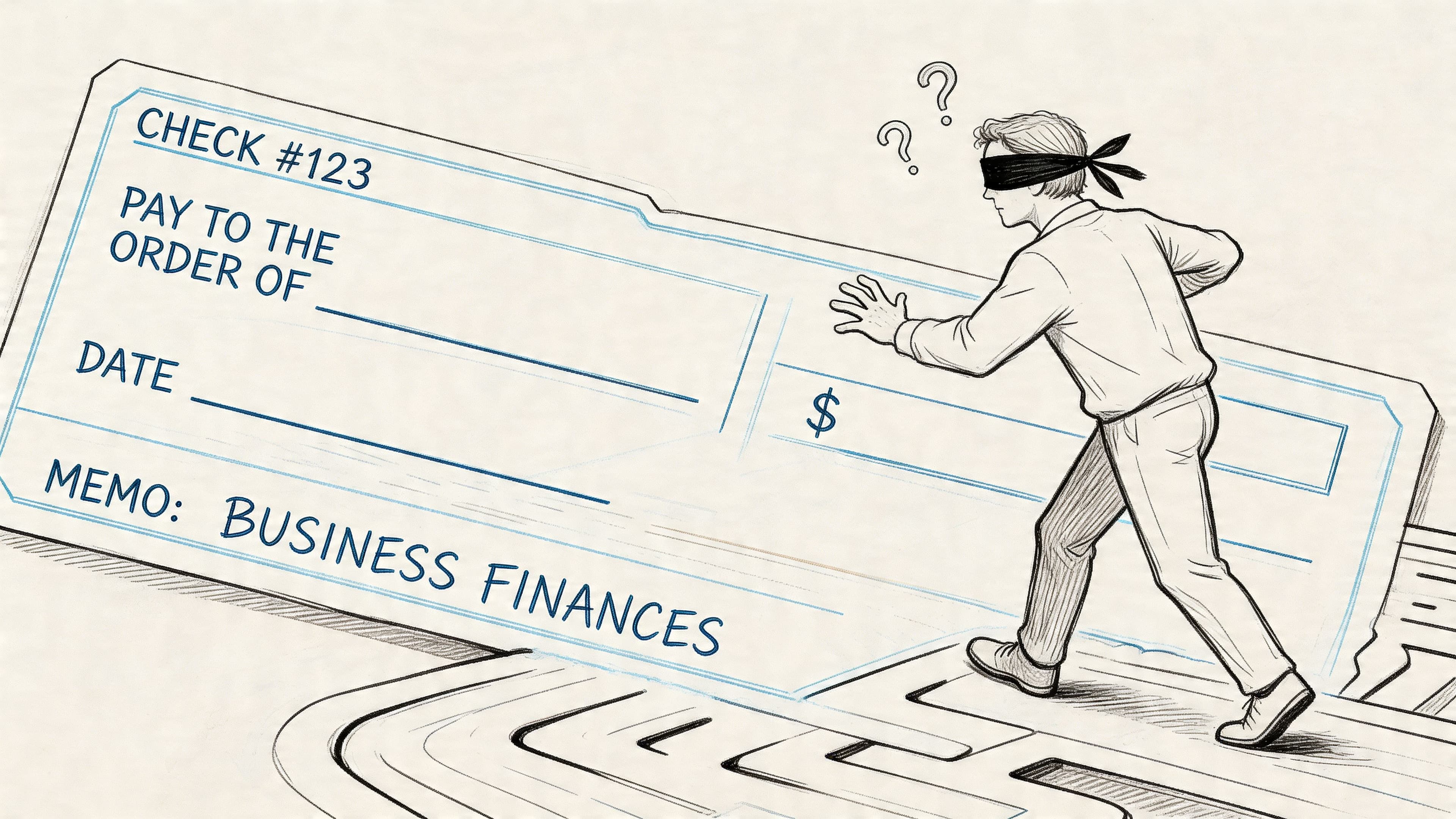 A blindfolded person navigates a maze in front of a large blank bank check about business finances.