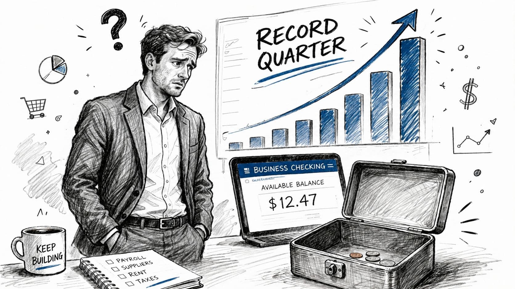 A concerned business owner looks at a record revenue chart while having very little cash remaining.