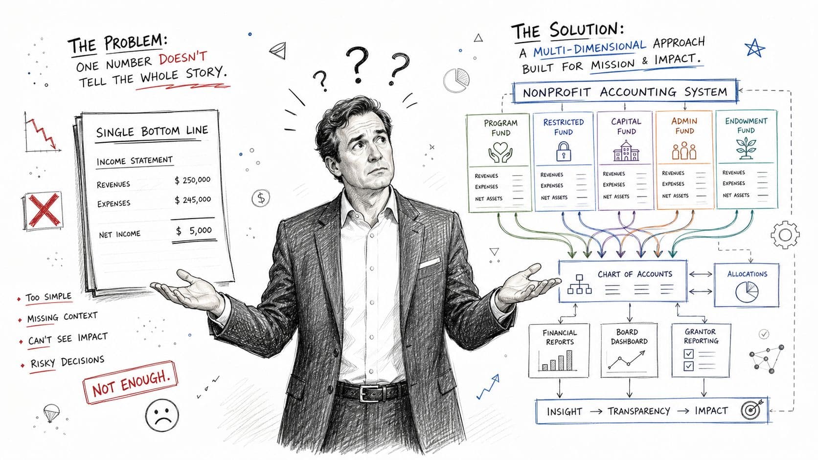 A professional illustration comparing a simple financial statement to a detailed nonprofit multi-dimensional accounting system.