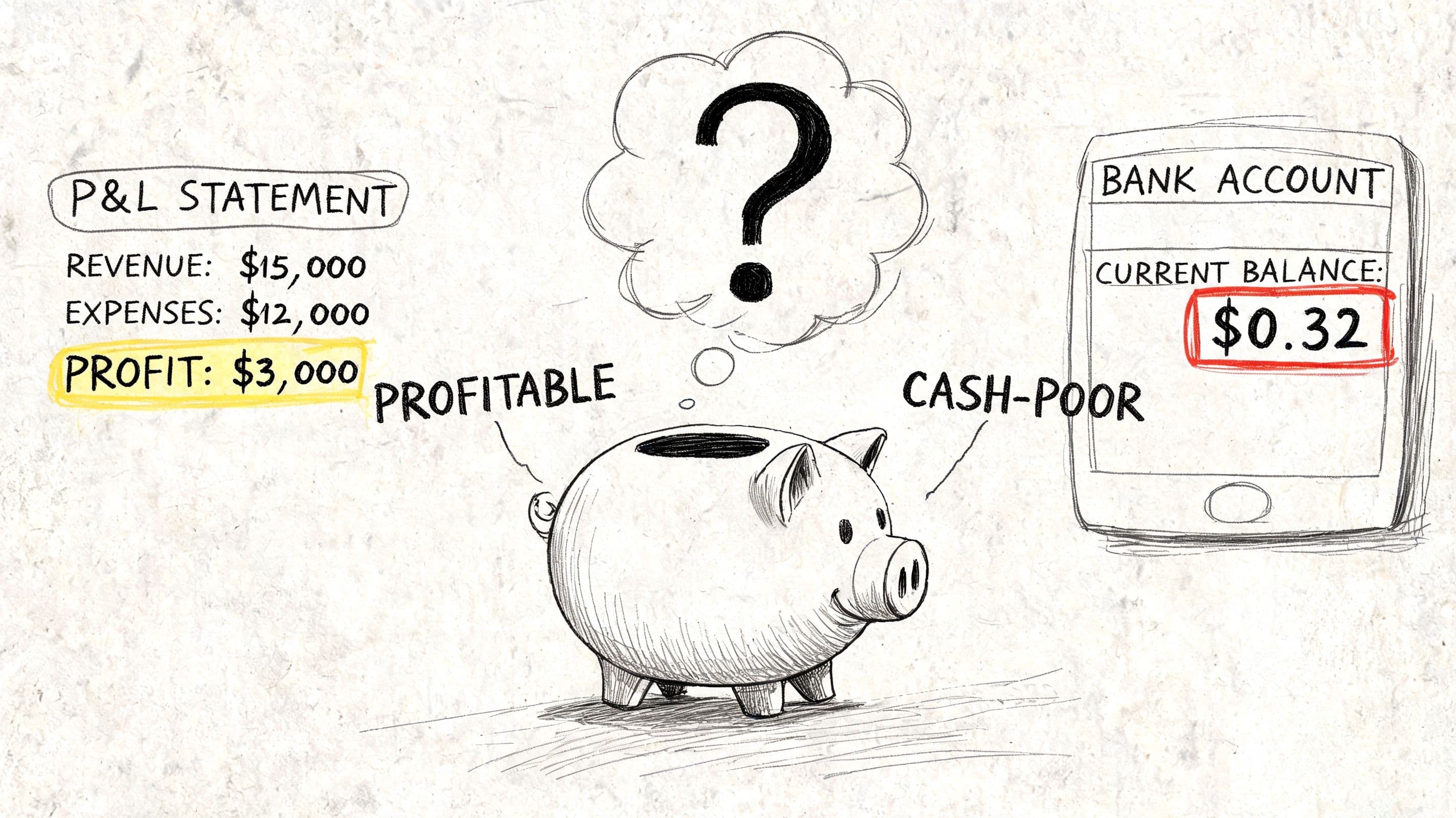 A hand-drawn illustration showing a business showing profit on paper but having very low cash balance.