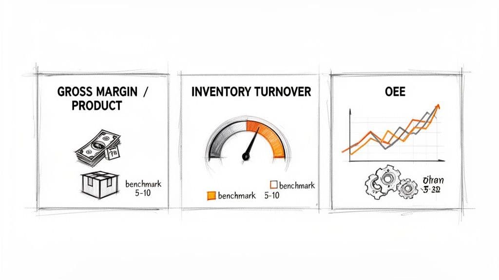 Three hand-drawn panels showing key manufacturing metrics: gross margin, inventory turnover, and OEE performance.