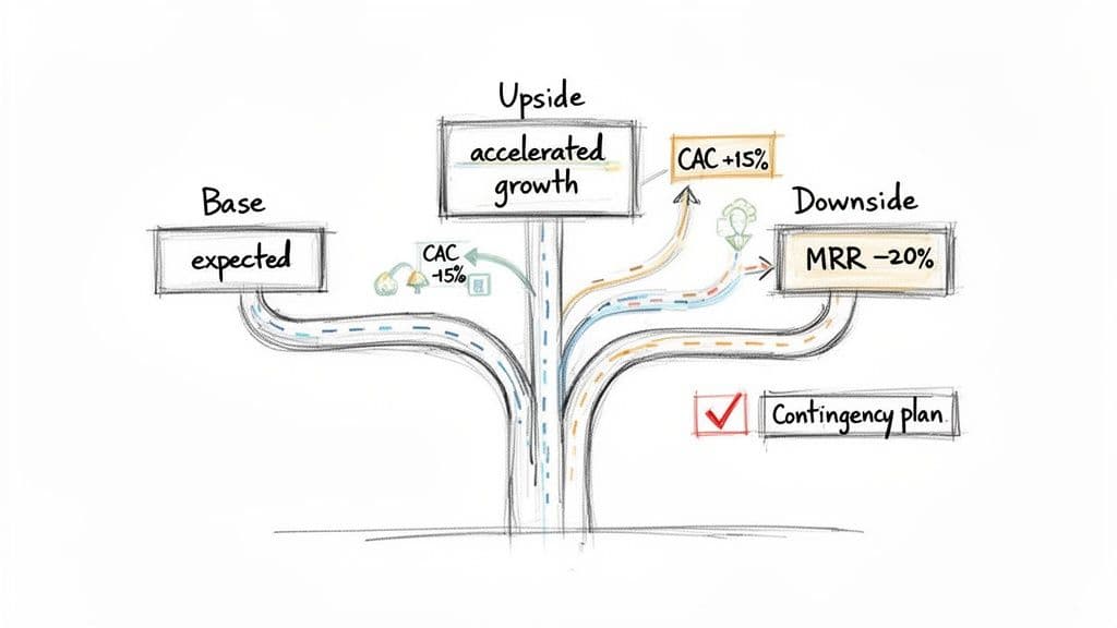 Strategic business forecasting diagram illustrating base, upside accelerated growth, downside, and contingency plan options.