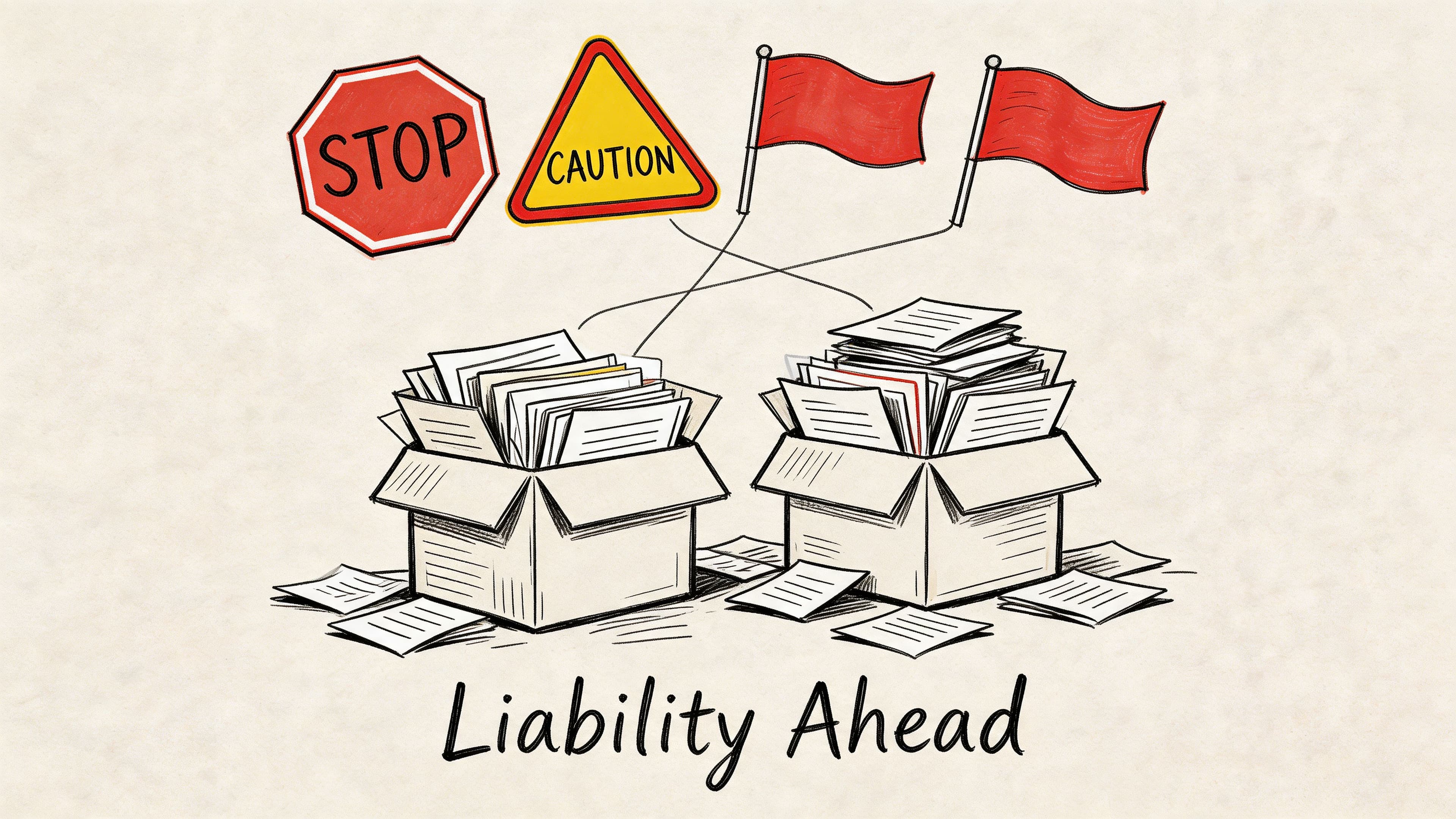Two boxes overflowing with paperwork and business records marked by caution and stop warning signs.