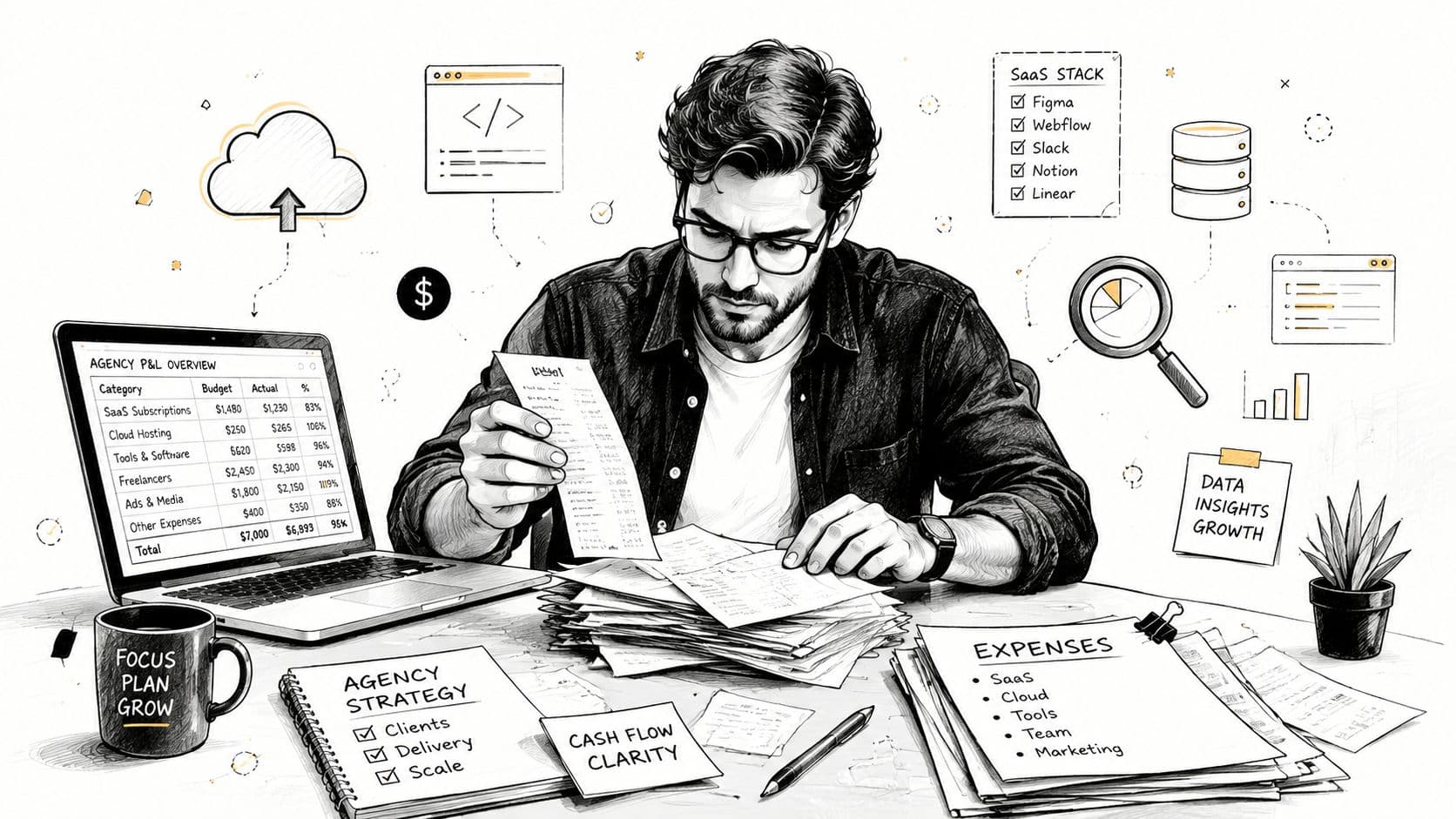 A professional man at a desk reviewing financial documents and an agency P&L statement while planning growth.