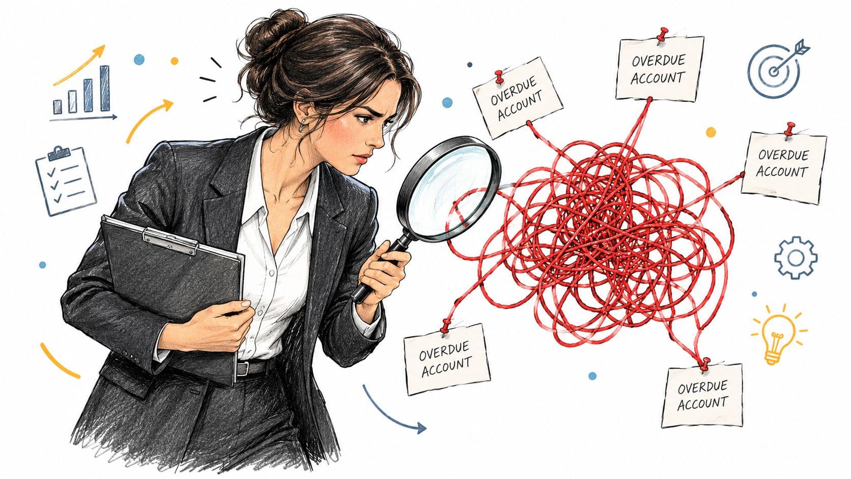 A professional businesswoman analyzing a complex tangle of red lines connected to several overdue account notes.