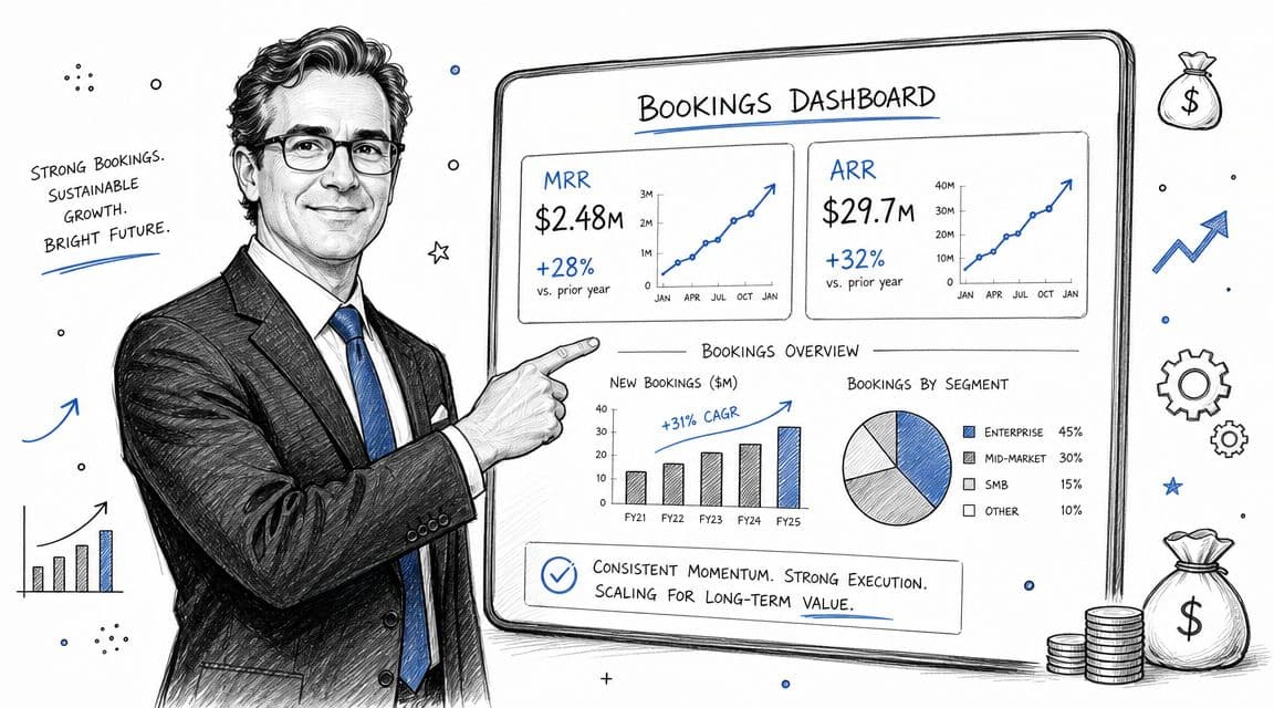 A professional man pointing at a business dashboard displaying key performance metrics and growth charts.