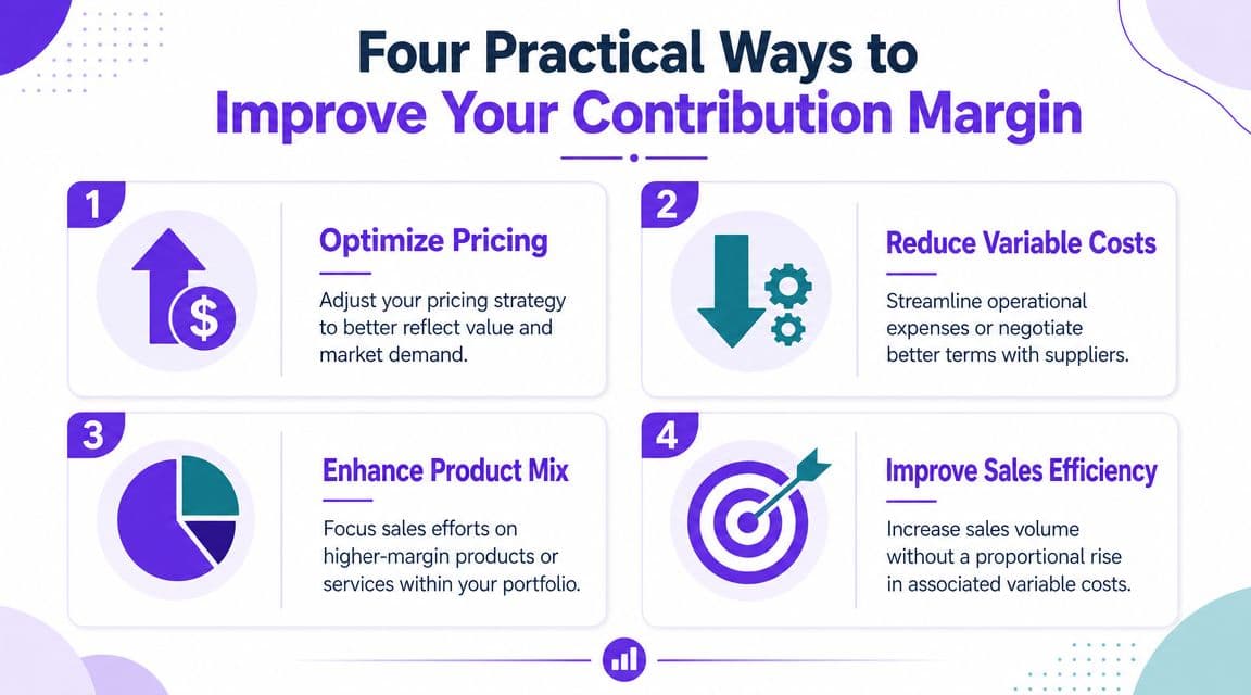 A diagram outlining four practical ways to improve contribution margin through pricing, costs, product mix, and sales.