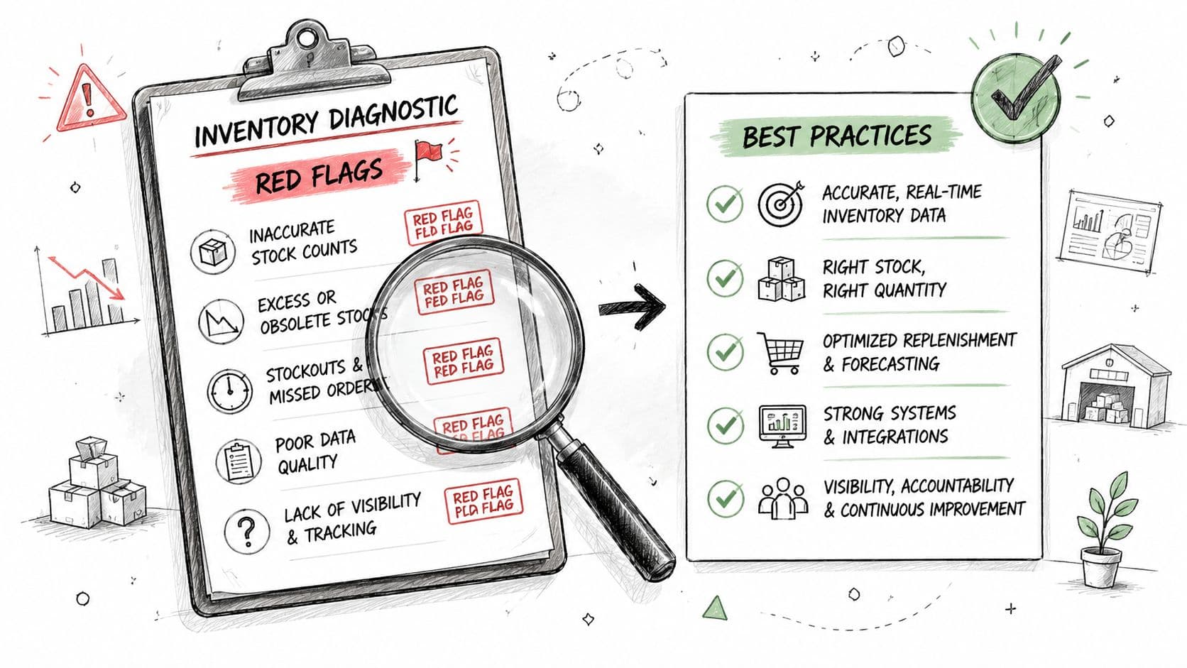 A clipboard showing inventory diagnostic red flags and a checklist of best practices for inventory management.