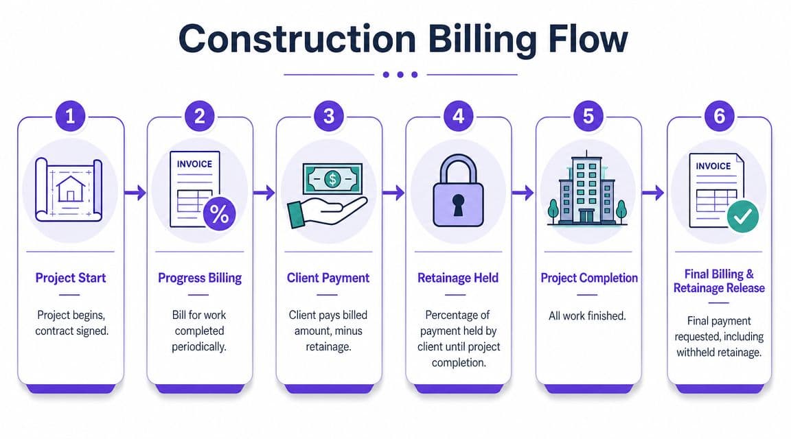A six-step infographic illustrating the professional construction billing flow from project start to final retainage release.