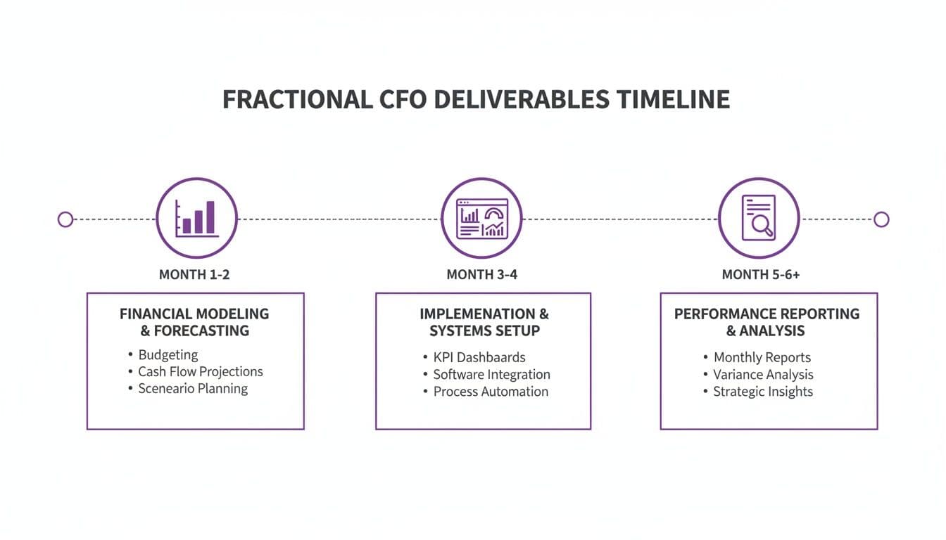 A fractional CFO deliverables timeline showing phases: financial modeling, systems setup, and performance reporting.