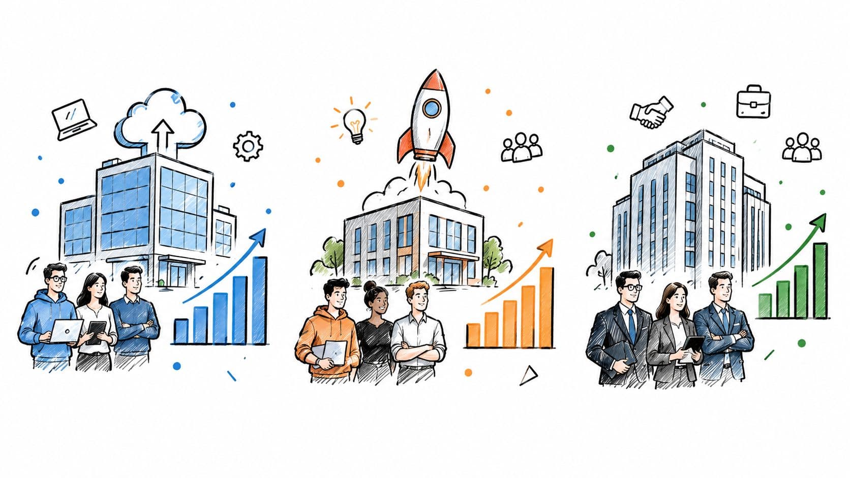A digital illustration showing three business teams standing in front of office buildings with growth charts and rockets.
