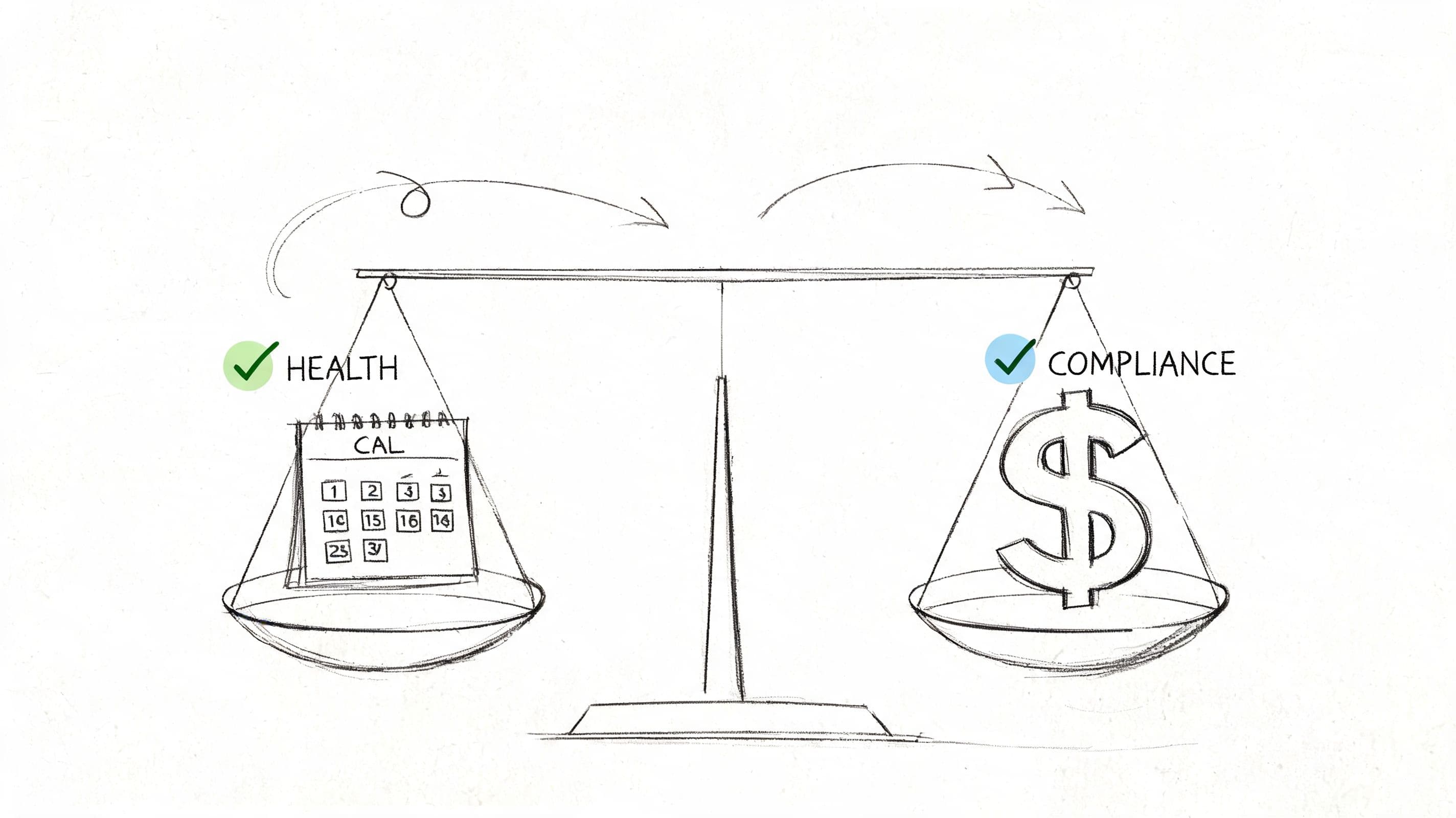 A hand-drawn sketch of a balanced scale weighing a calendar representing health against a dollar sign representing compliance.