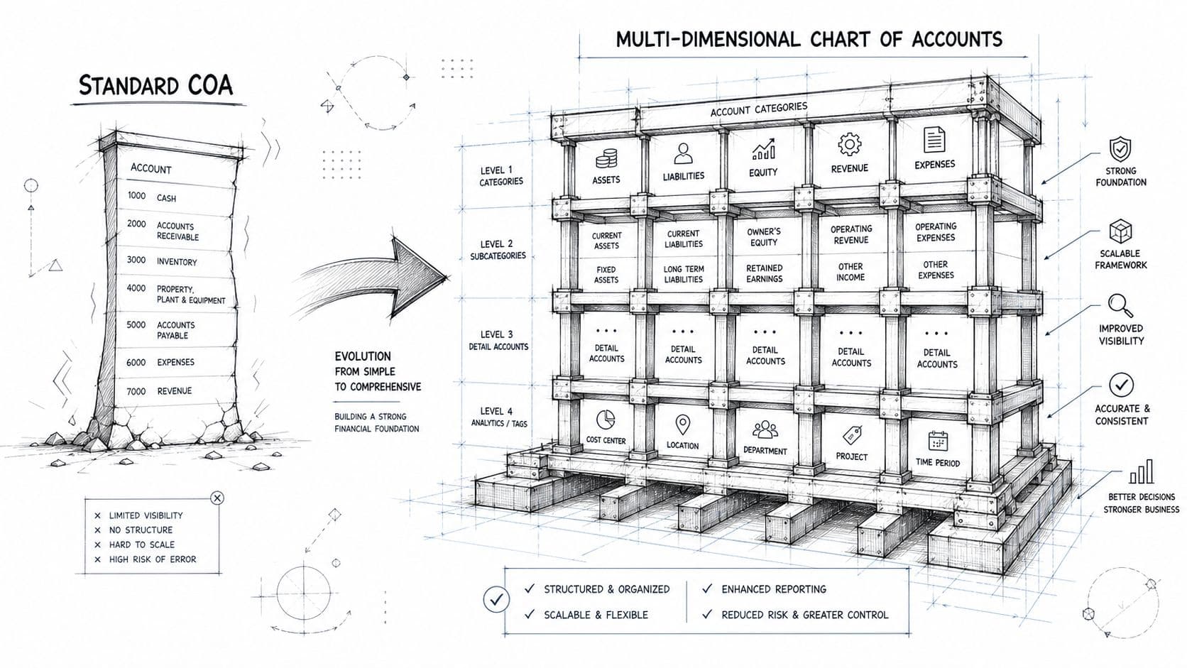 A diagram comparing a simple, linear chart of accounts with a structured, multi-dimensional accounting system for organizations.