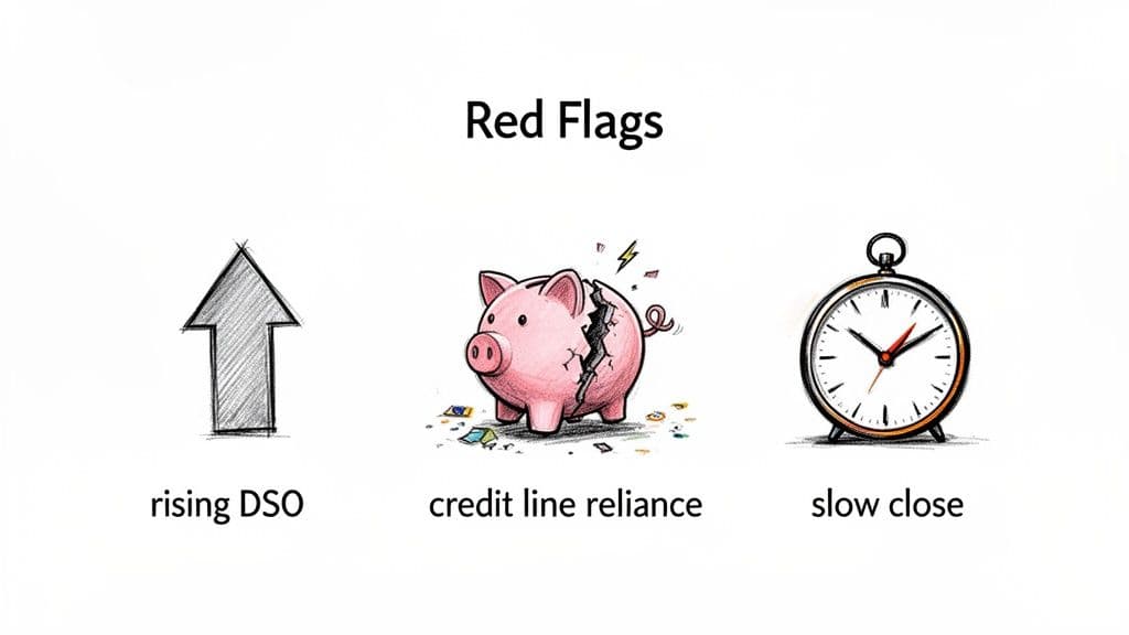 Three illustrations show financial red flags: rising DSO, credit line reliance, and slow close.