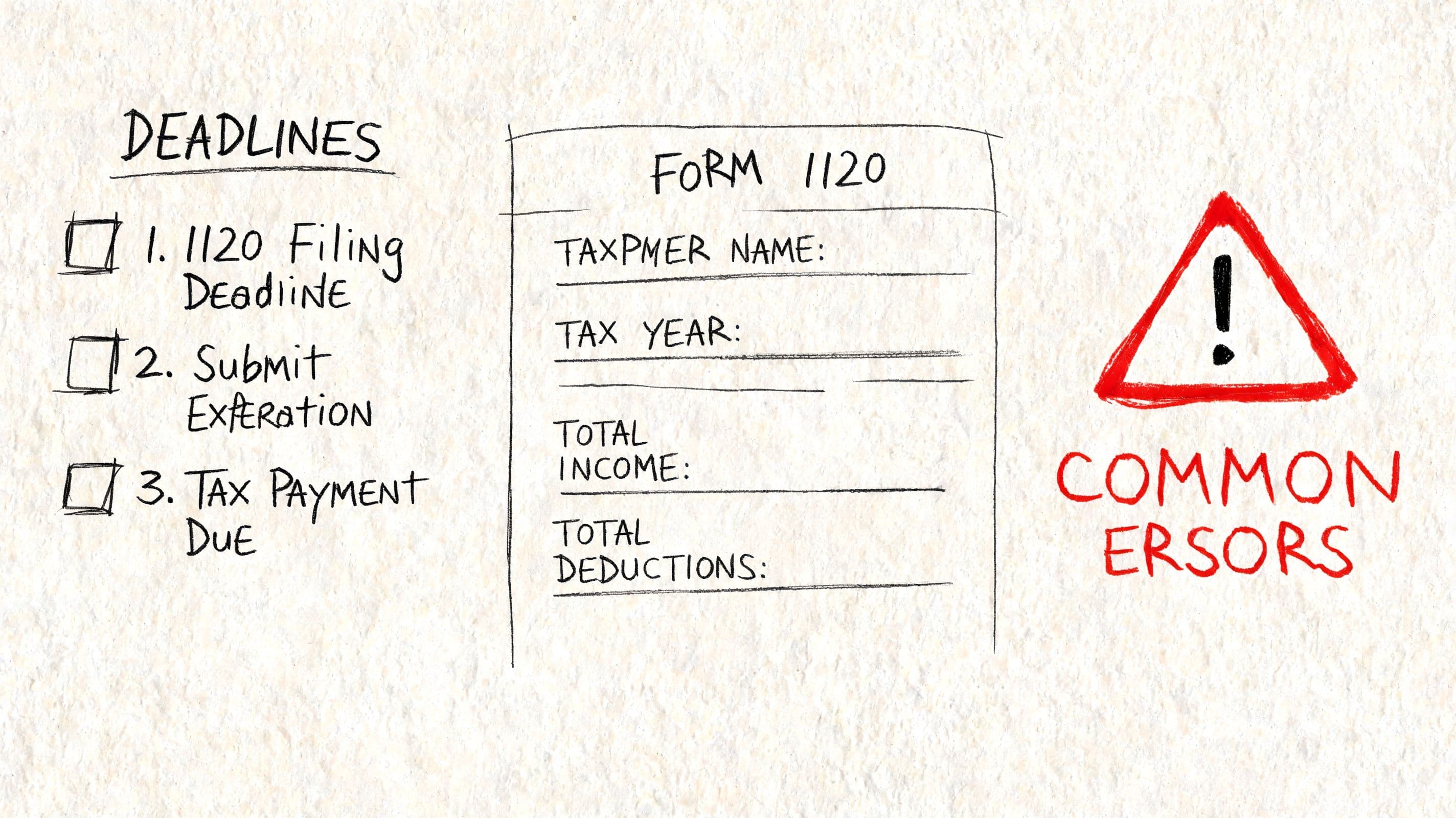 A hand-drawn sketch outlining Form 1120 filing deadlines, tax form fields, and a common errors warning.