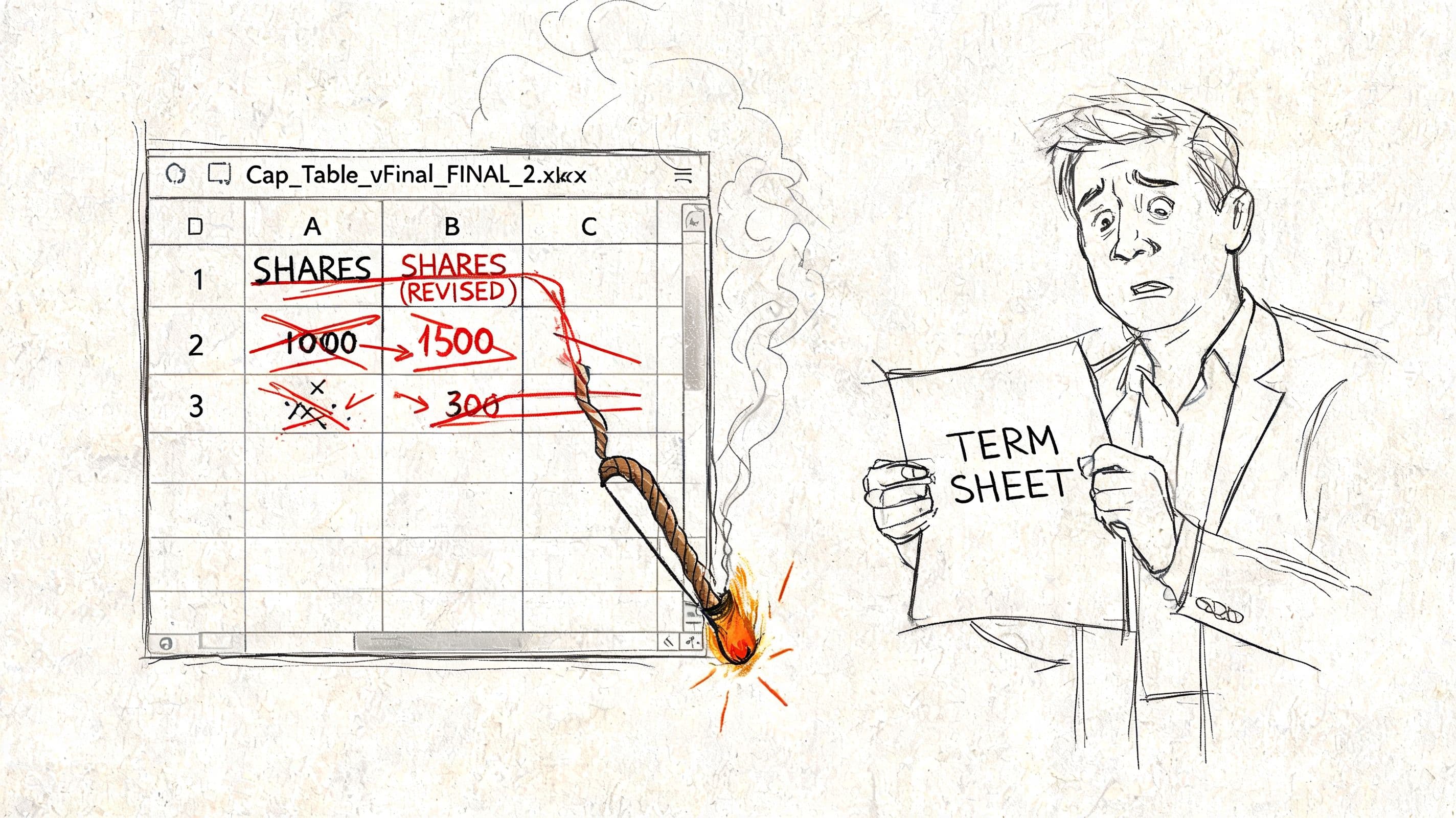 A distressed businessman holding a term sheet while a spreadsheet capitalization table is literally burning up.