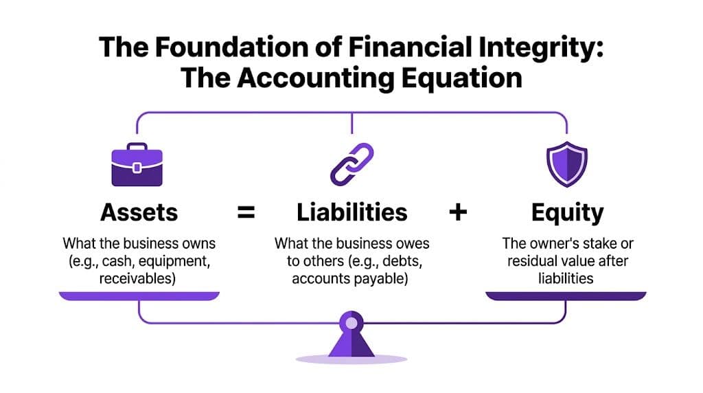 An infographic showing the accounting equation with Assets, Liabilities, and Equity represented as a balanced scale.