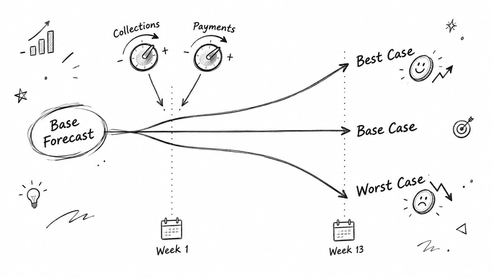 A hand-drawn business diagram illustrating base forecast, collections, payments, and various financial outcome scenarios.