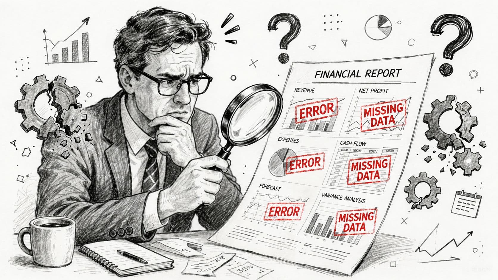 A businessman examining a financial report filled with errors and missing data using a magnifying glass.