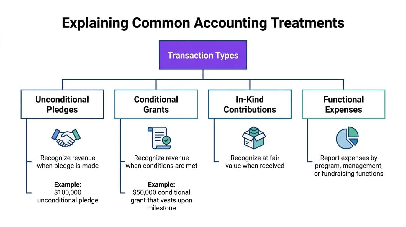 A flowchart explaining accounting treatments for nonprofits, including unconditional pledges, conditional grants, in-kind contributions, and functional expenses.