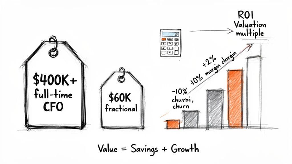 Image comparing full-time versus fractional CFO costs, illustrating value from savings, growth, and ROI.