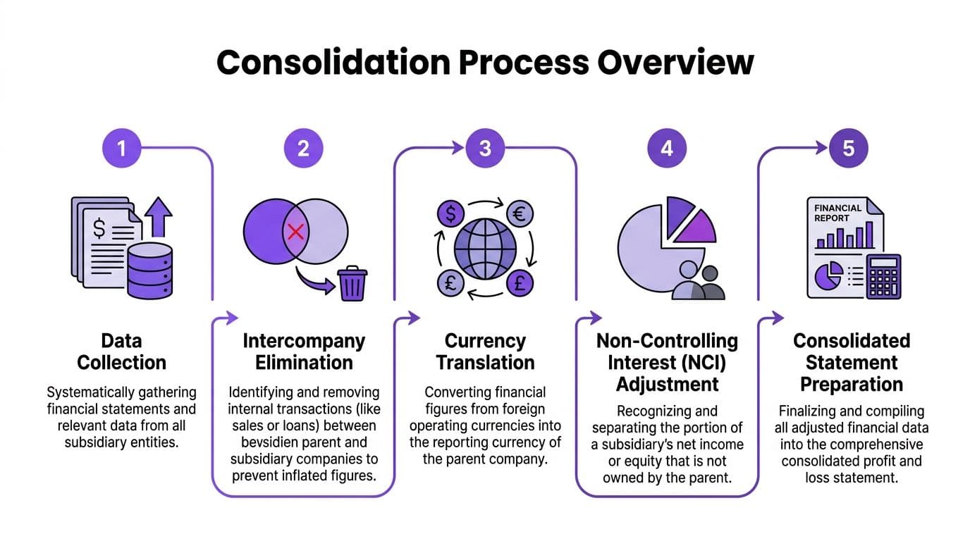 A five-step infographic showing the financial consolidation process for creating a consolidated profit and loss statement.