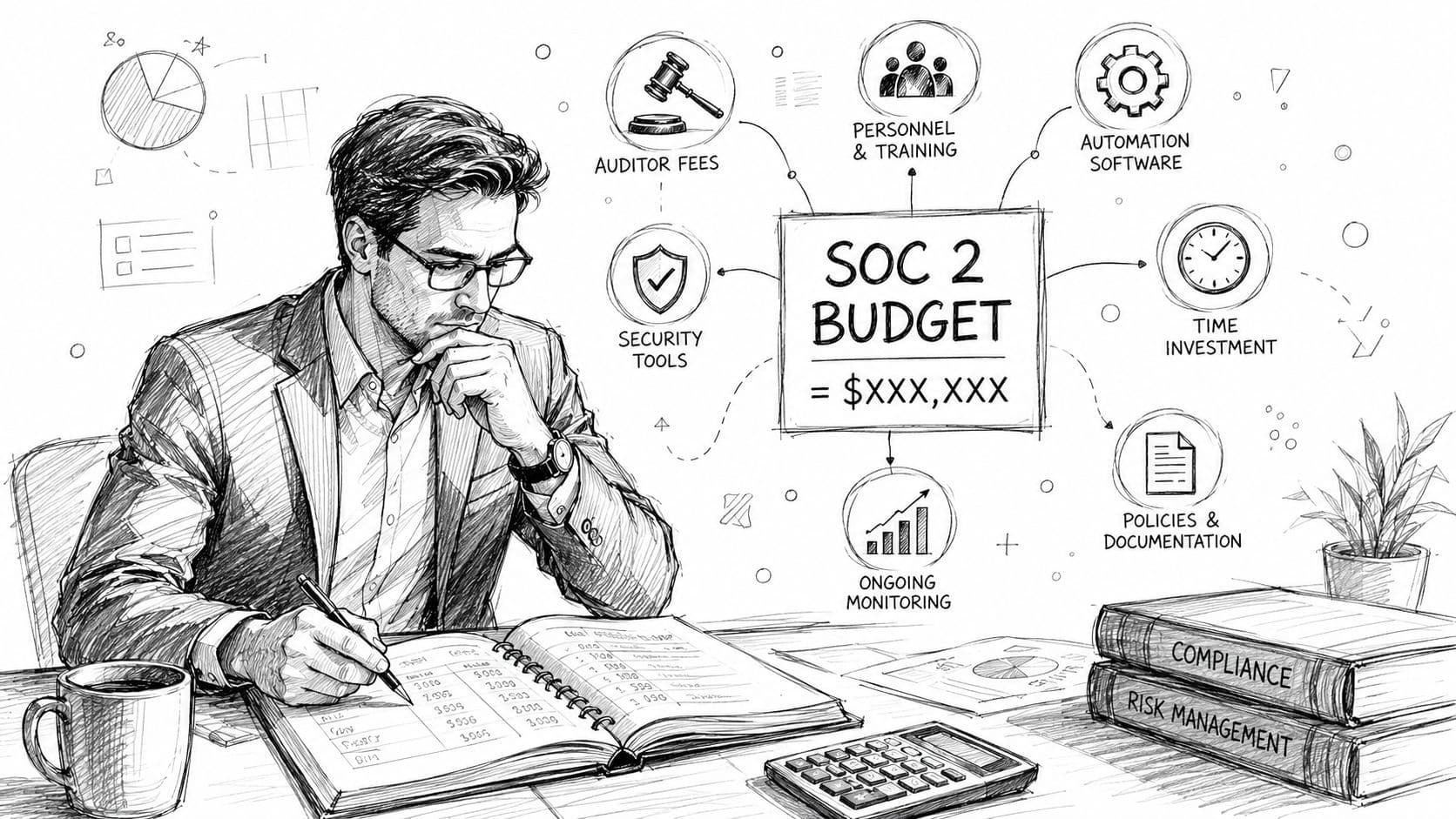 A professional man planning a SOC 2 budget while writing in a notebook at his desk.