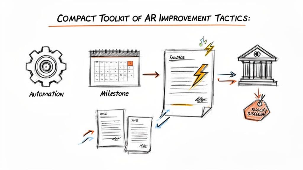A toolkit of AR improvement tactics featuring automation, milestone tracking, efficient invoicing, and offering discounts.